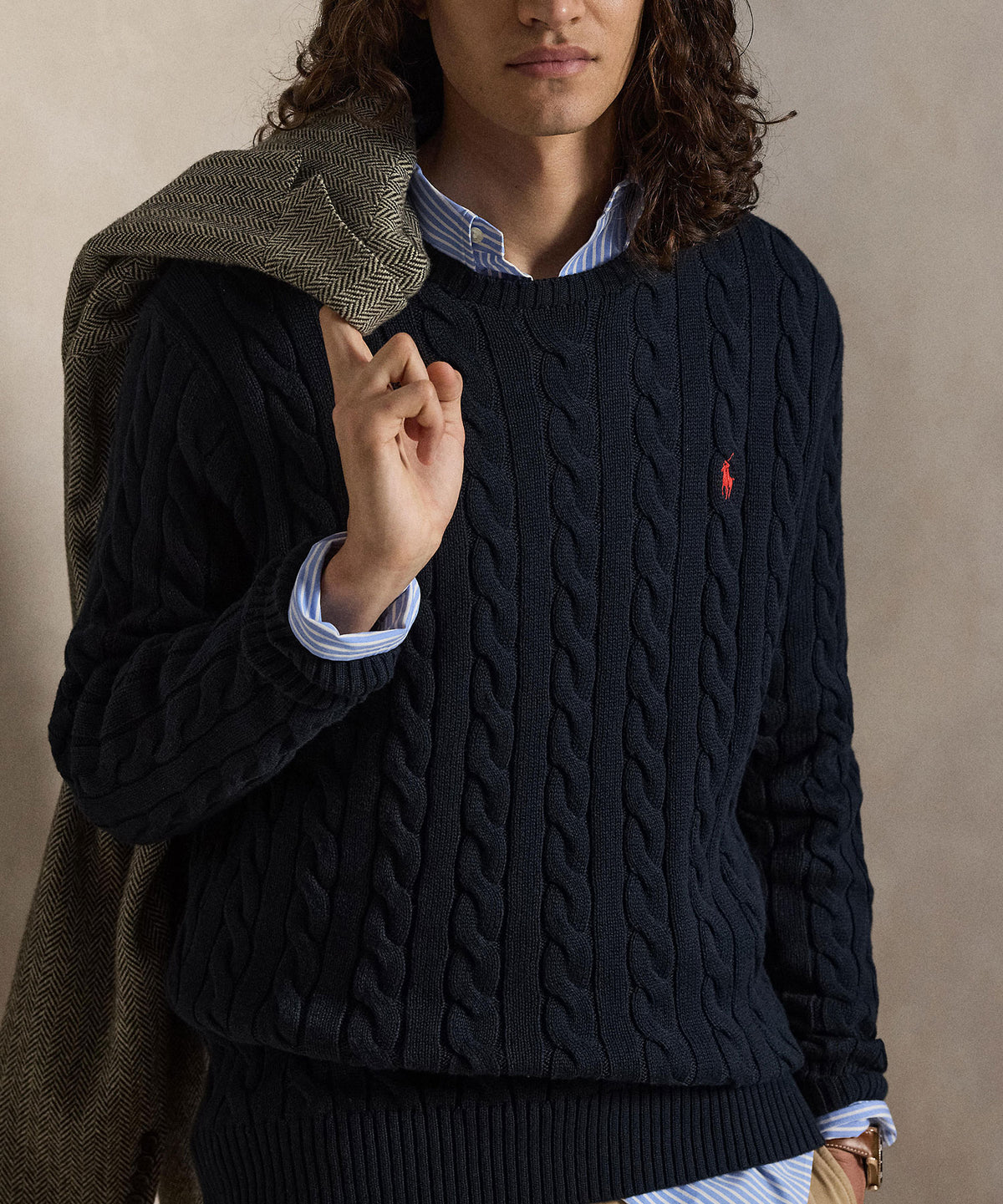 Polo Ralph Lauren Cotton Cable Crew Neck Sweater - Hunter/Navy, Men's Big & Tall