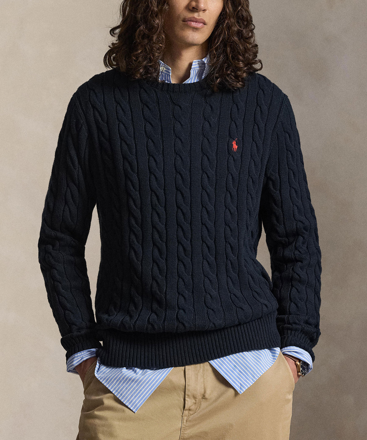 Polo Ralph Lauren Cotton Cable Crew Neck Sweater - Hunter/Navy, Men's Big & Tall