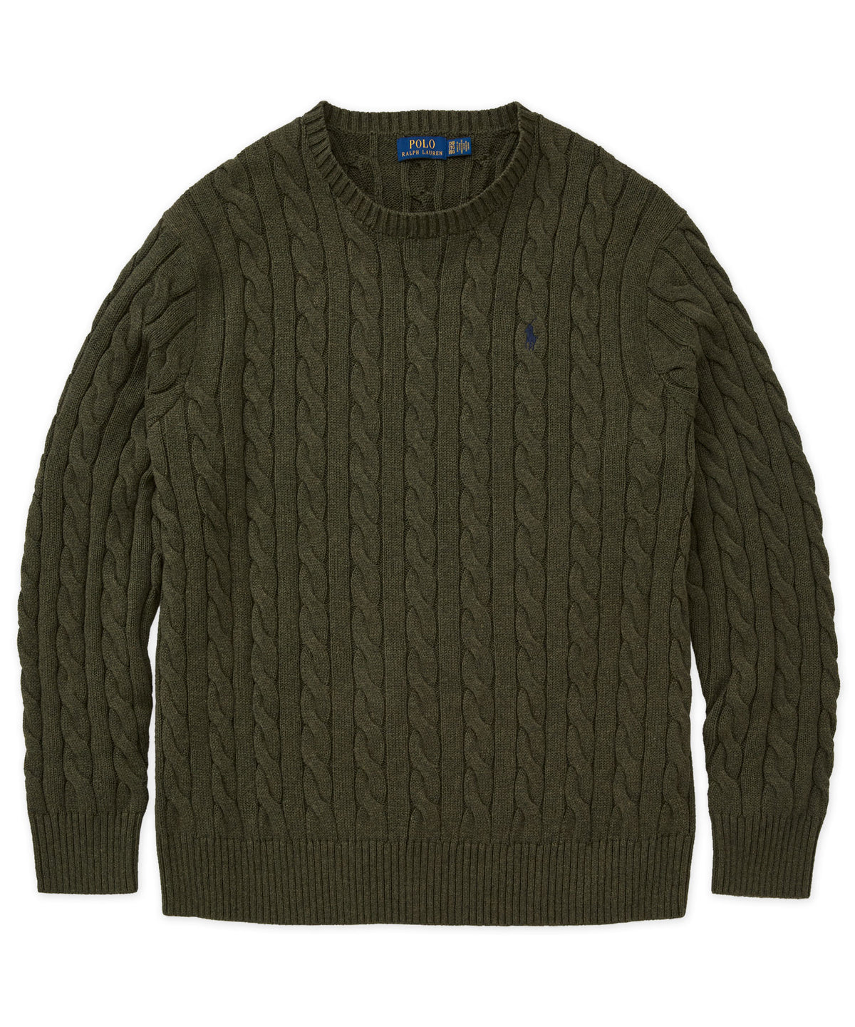 Polo Ralph Lauren Cotton Cable Crew Neck Sweater - Olive Shrub Heather, Men's Big & Tall