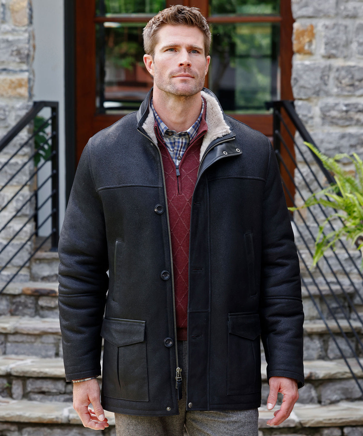 Westport Black Luxury Shearling Coat, Men's Big & Tall