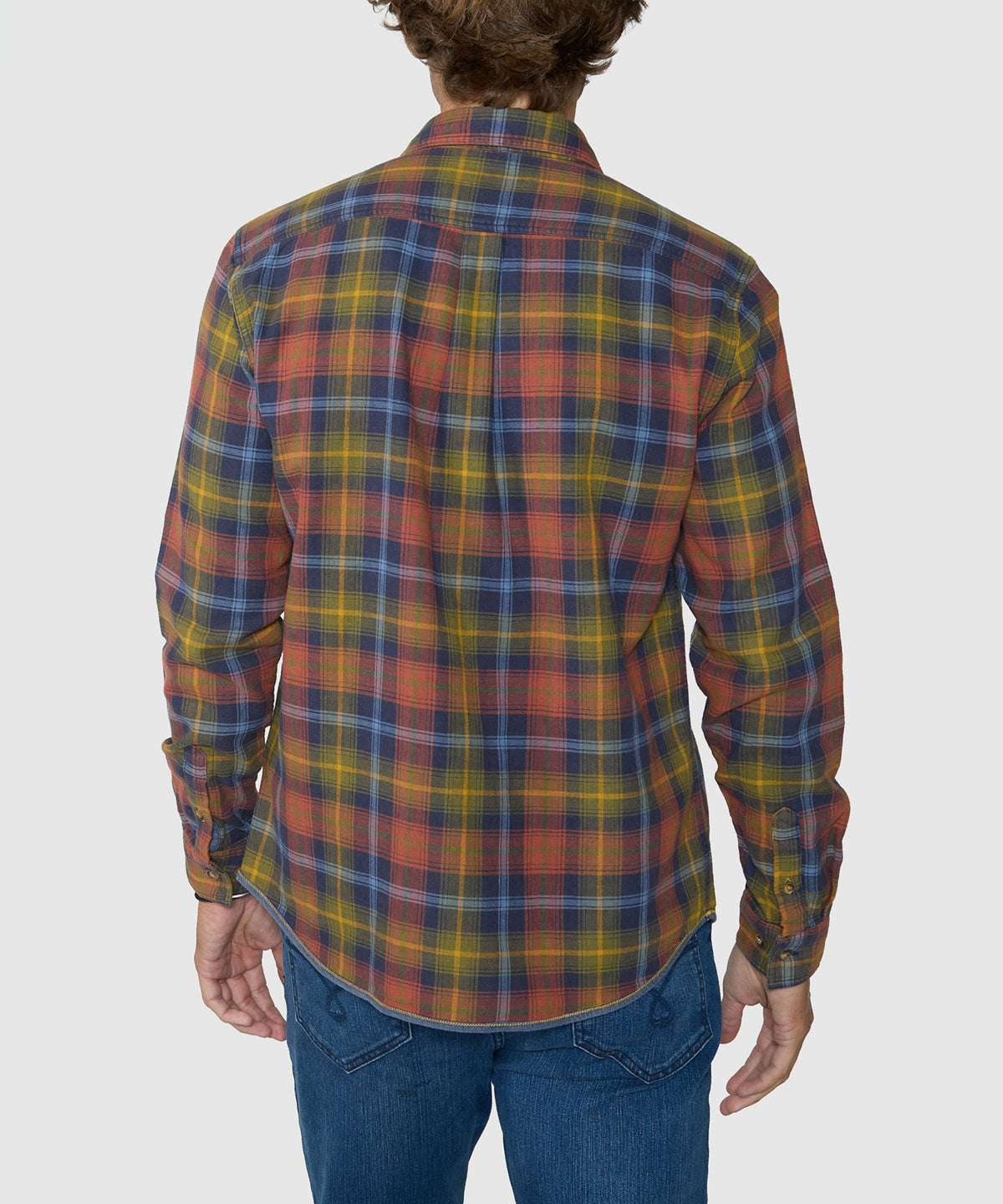 Back view of long-sleeve multicolor plaid sport shirt with spread collar, Westport Lifestyle Men's Big & Tall