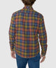 Back view of long-sleeve multicolor plaid sport shirt with spread collar