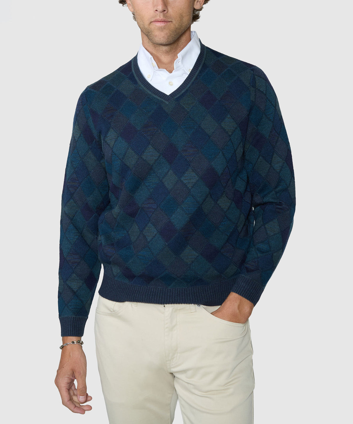 Westport Black Diamond Textured V-Neck Sweater - Forest, Men's Big & Tall