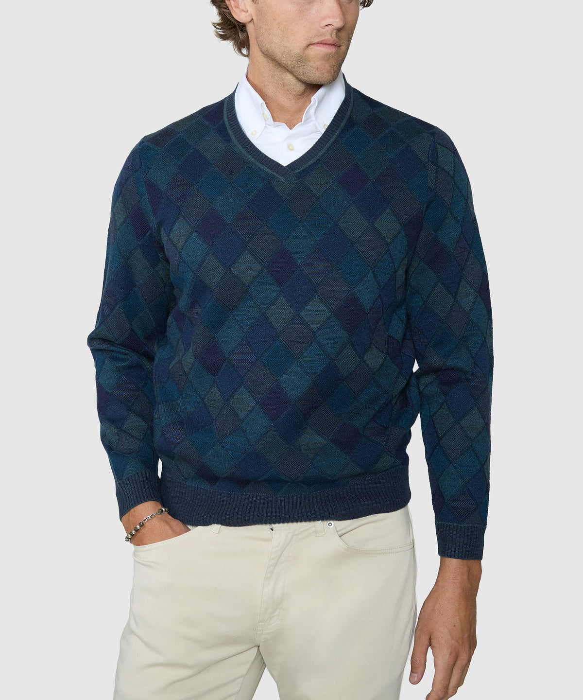 Westport Black Diamond Textured V-Neck Sweater - Forest, Men's Big & Tall