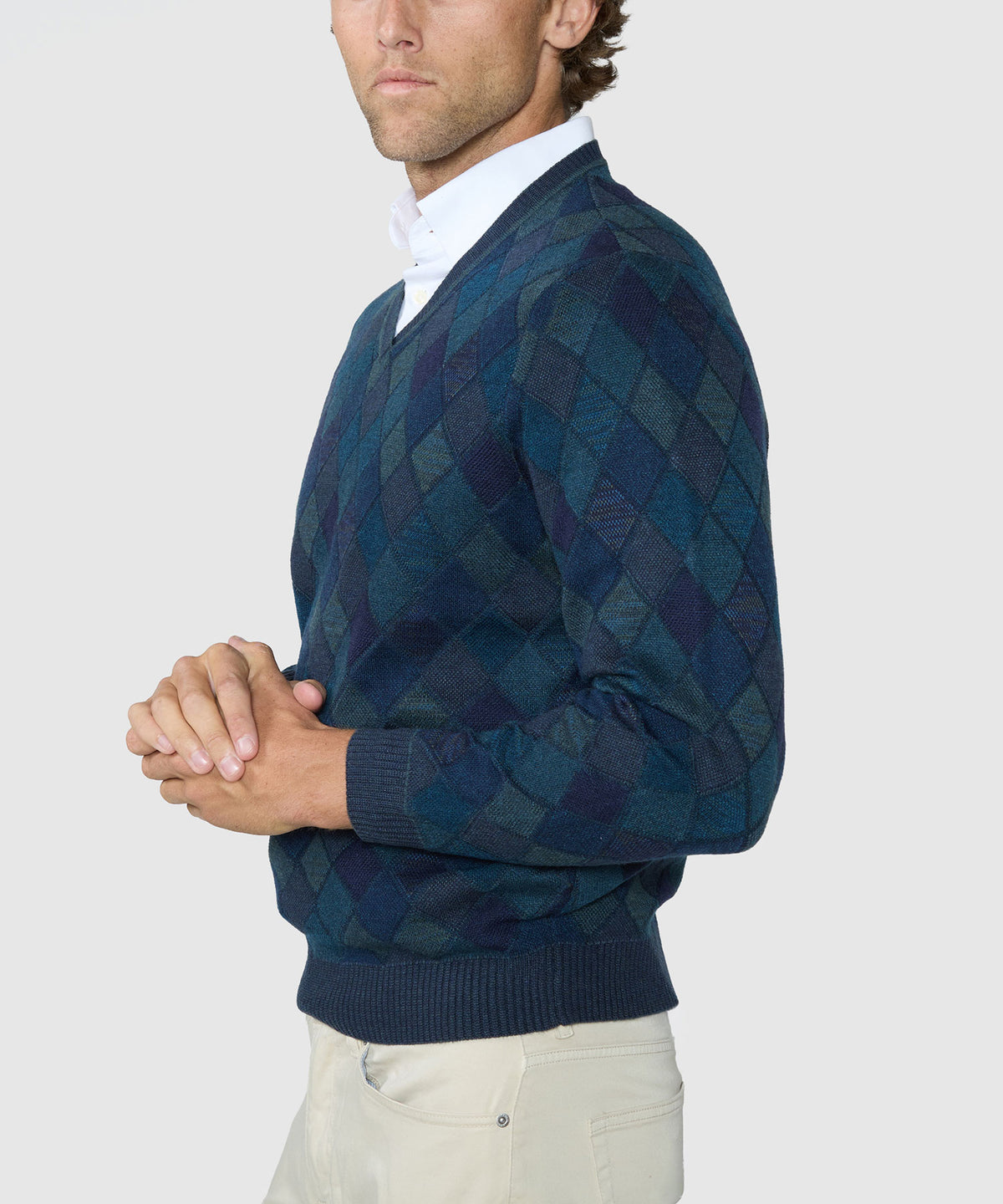 Westport Black Diamond Textured V-Neck Sweater - Forest, Men's Big & Tall