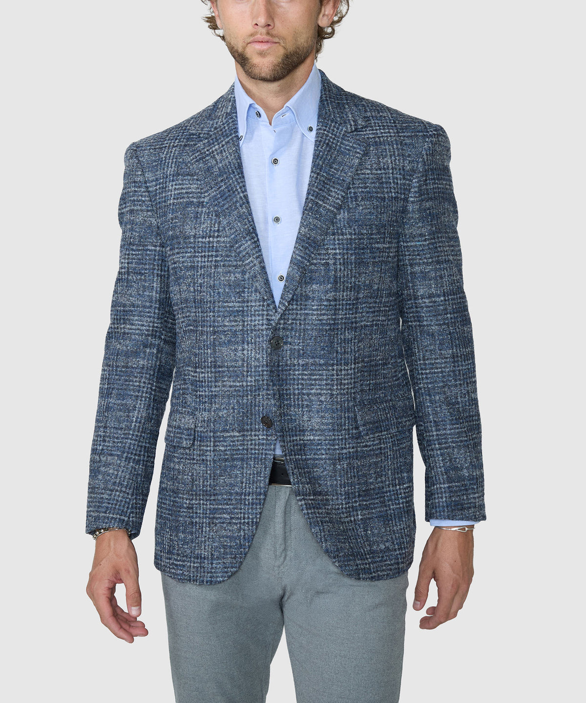 Blue plaid two-button sport coat with notched lapels and flap pockets, Coppley Men's Big & Tall
