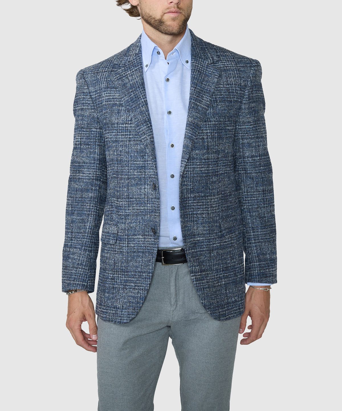 Blue plaid two-button sport coat, tailored front with covered buttons, Coppley Men's Big & Tall