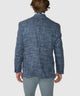 Blue plaid sport coat back view with structured shoulders and center seams