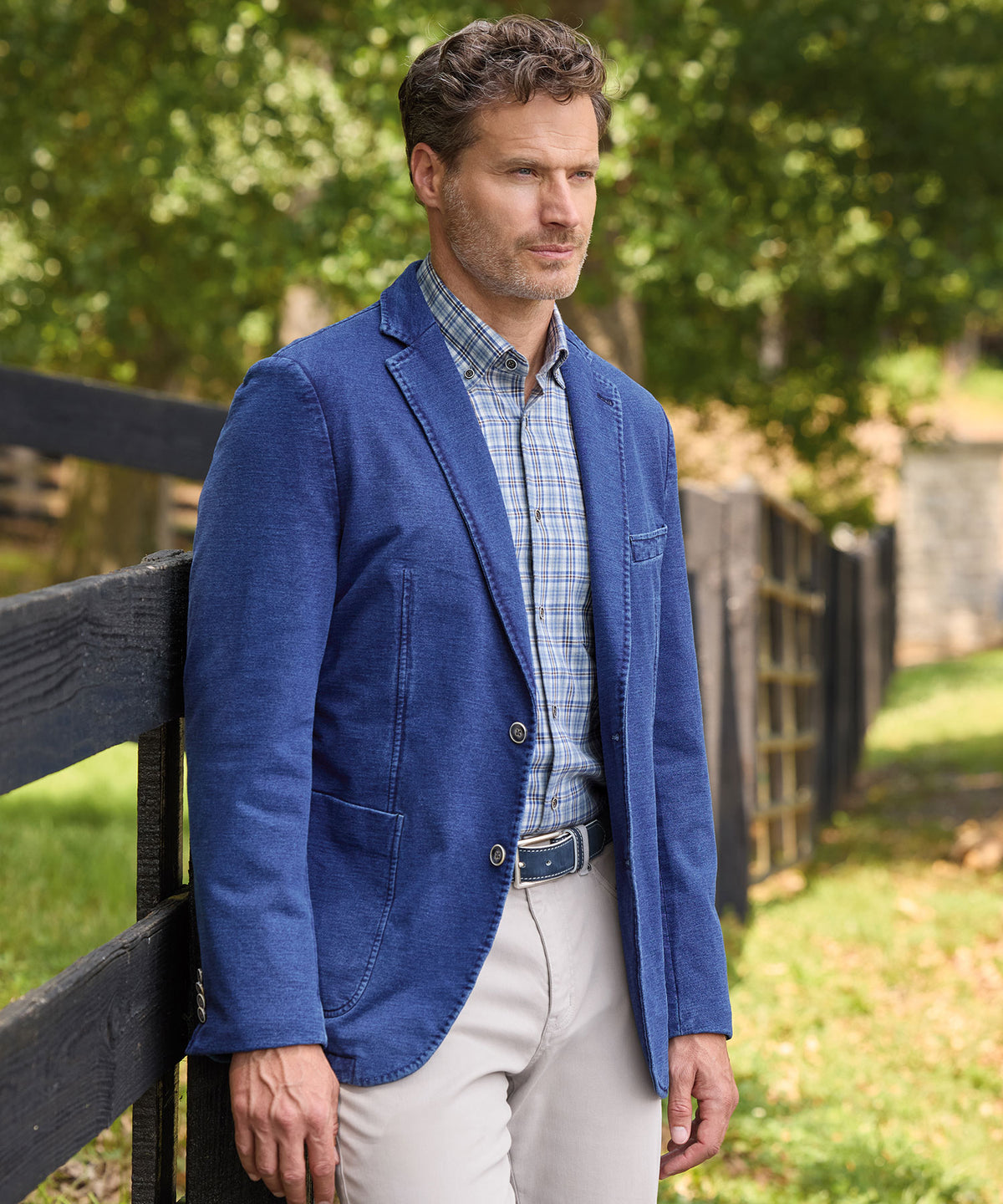 Indigo knit sport coat with notch lapels and patch pockets, worn over plaid shirt, Westport Black Men's Big & Tall