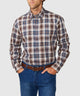 Plaid button-down long-sleeve sport shirt with brown, tan, and blue check pattern
