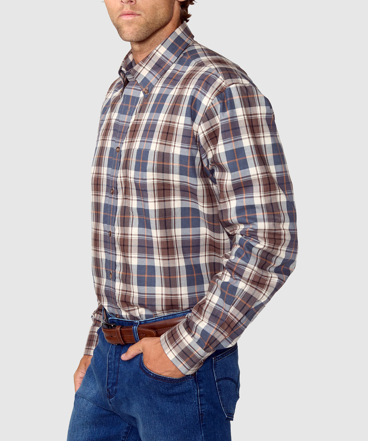 Men's plaid button-down long-sleeve shirt shown from side, brown and blue checks, Westport Black Men's Big & Tall