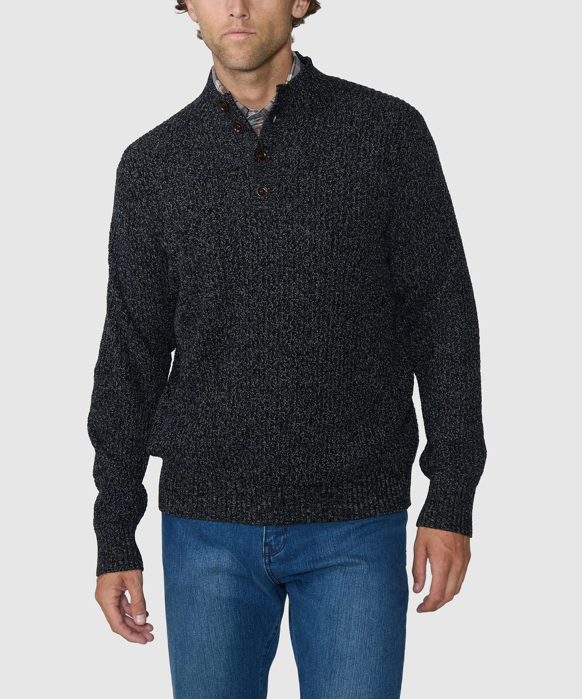 Westport Black Brentwood Chenille Button Mock Sweater - Charcoal, Men's Big & Tall