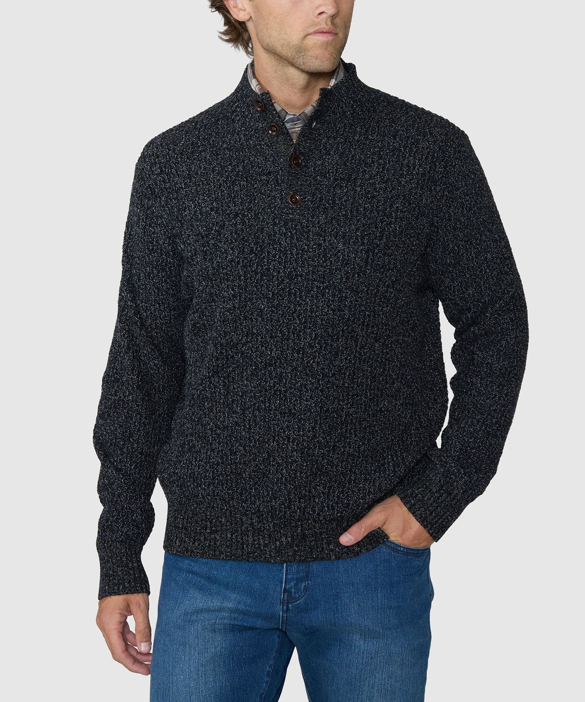 Westport Black Brentwood Chenille Button Mock Sweater - Charcoal, Men's Big & Tall