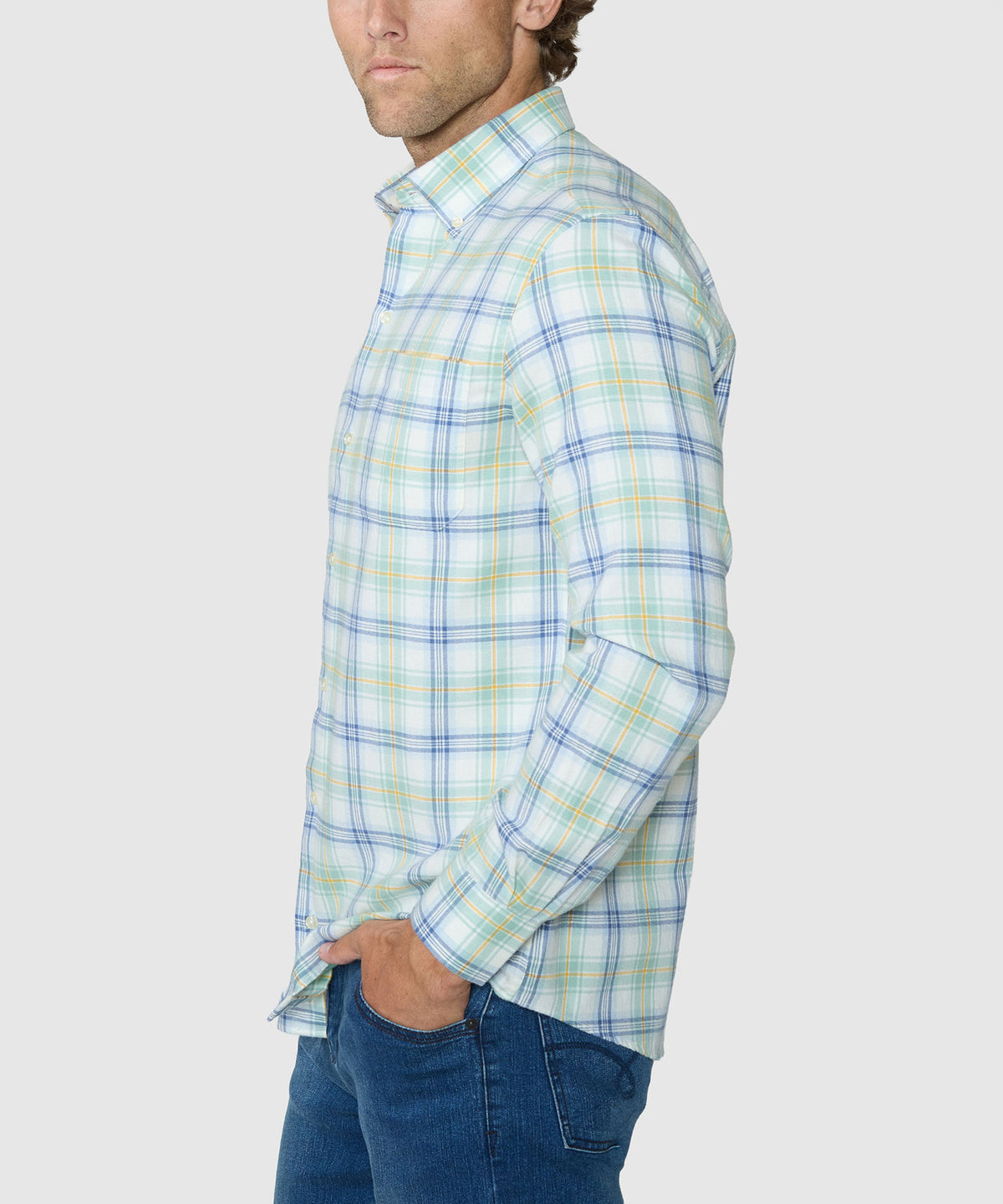 Long sleeve plaid button-down sport shirt, side profile view, button cuffs, Westport Lifestyle Men's Big & Tall