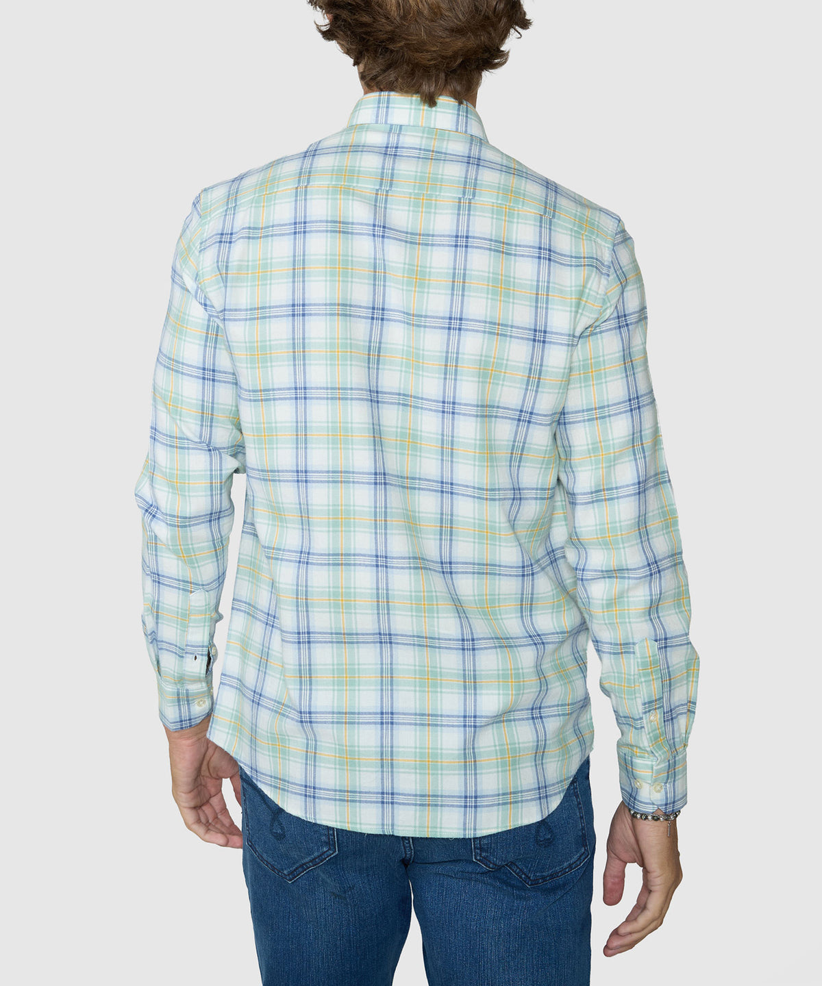 Long sleeve plaid sport shirt, back view with yoke and buttoned cuffs, Westport Lifestyle Men's Big & Tall