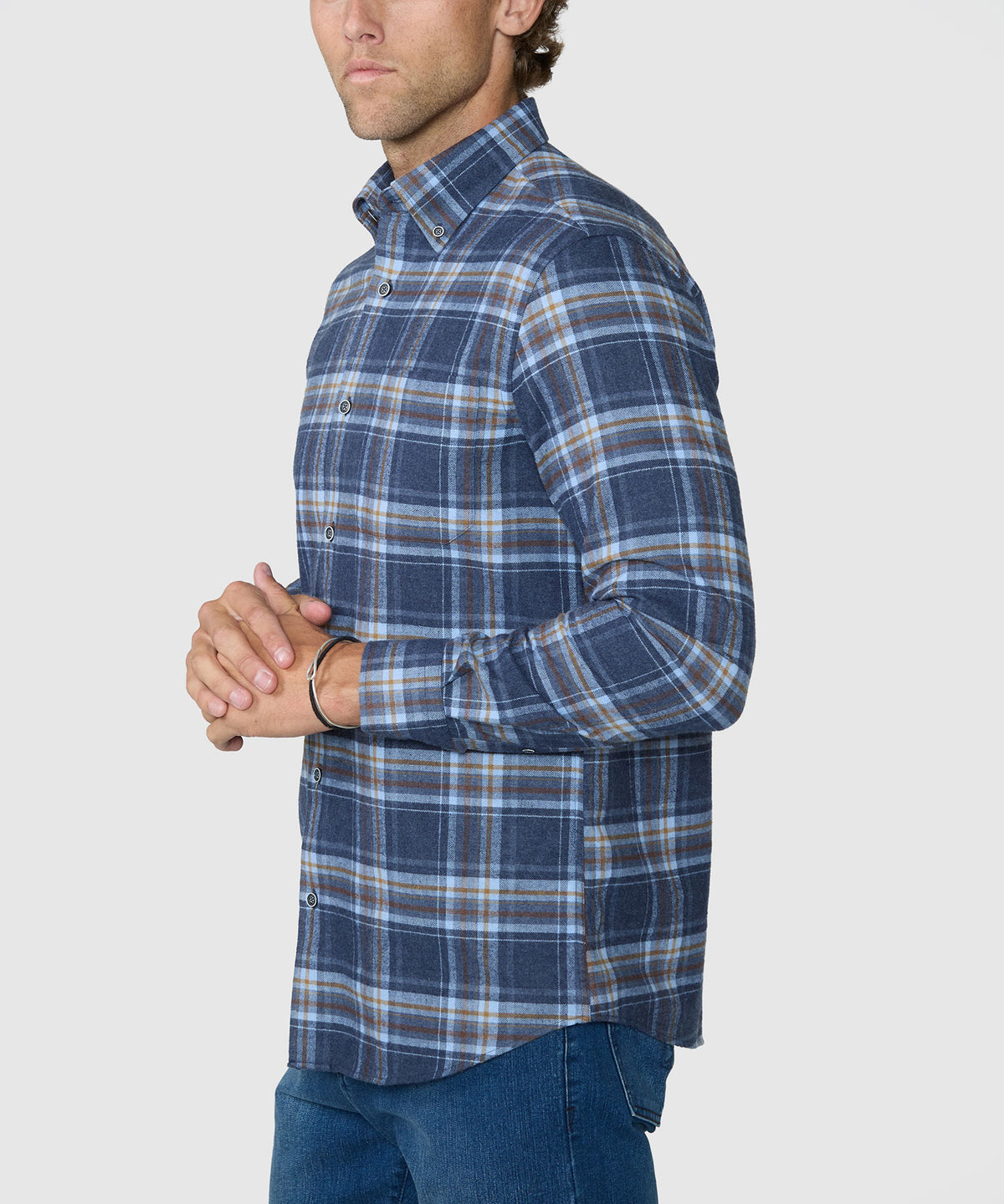 Blue plaid flannel button-up shirt with long sleeves and cuff detail, Westport Lifestyle Men's Big & Tall