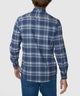 Blue plaid flannel long-sleeve button-up shirt, back view