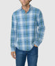 Blue plaid long-sleeve button-down shirt with button placket and chest pocket detail. - Soapstone