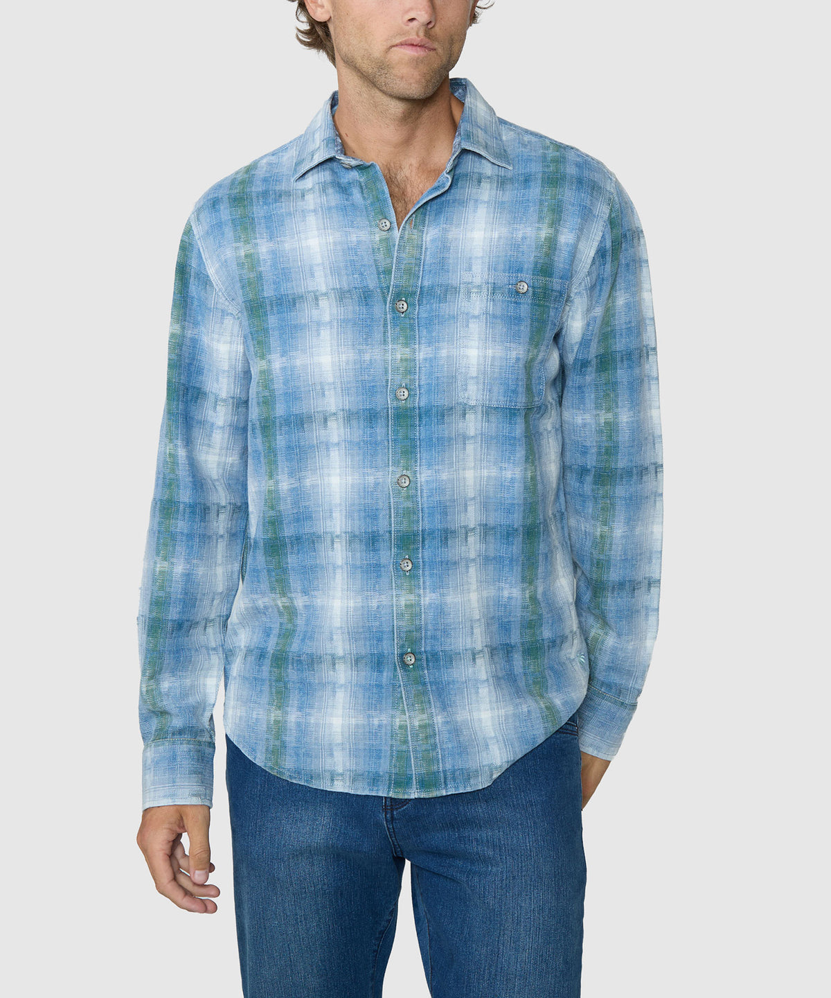 Blue plaid long-sleeve button-down shirt with open collar and front button closure. - Soapstone, Tommy Bahama Men's Big & Tall