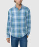 Blue plaid long-sleeve button-down shirt with open collar and front button closure. - Soapstone