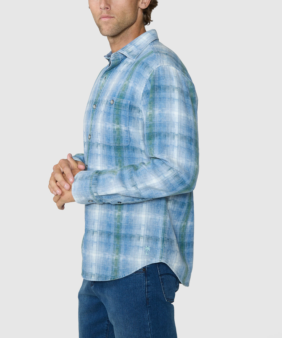 Blue plaid long-sleeve button-down shirt with sleeve cuffs and chest pockets. - Soapstone, Tommy Bahama Men's Big & Tall