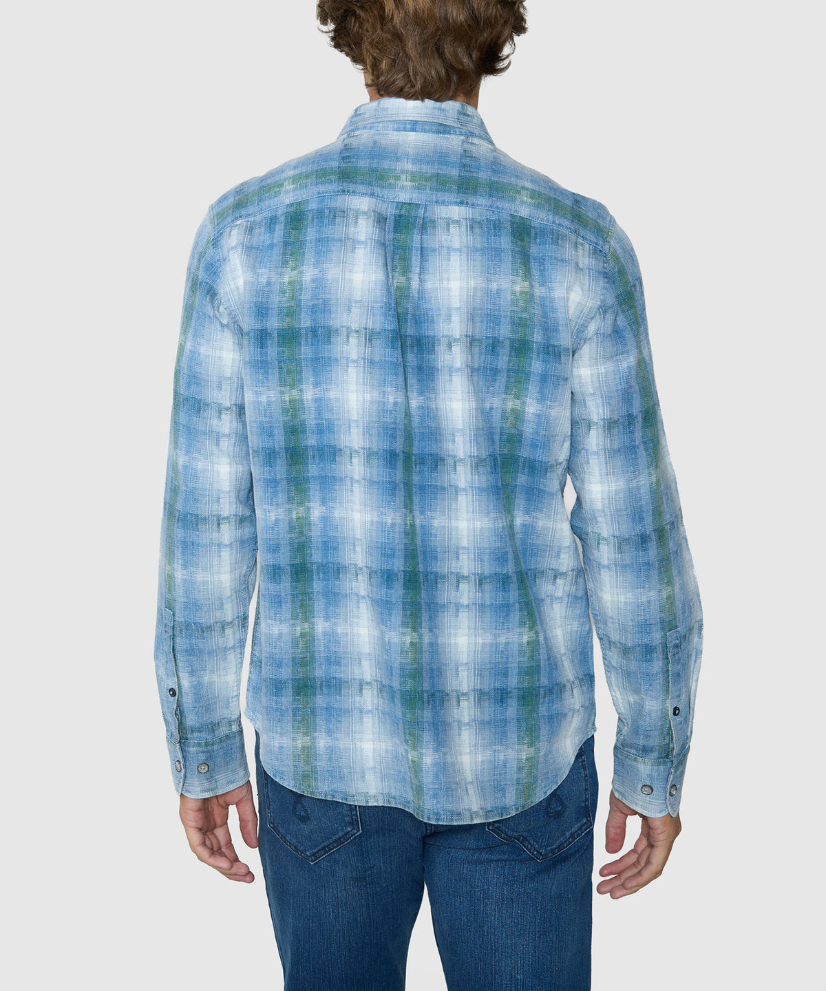 Blue plaid long-sleeve button-down shirt with back yoke and long sleeves. - Soapstone, Tommy Bahama Men's Big & Tall