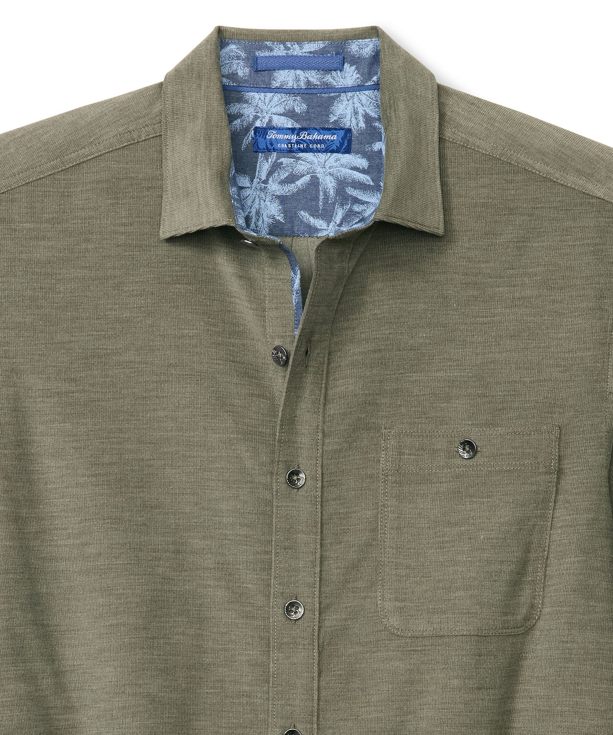 Men's long-sleeve sport shirt, olive with palm-print inside collar, button chest pocket, Tommy Bahama Men's Big & Tall