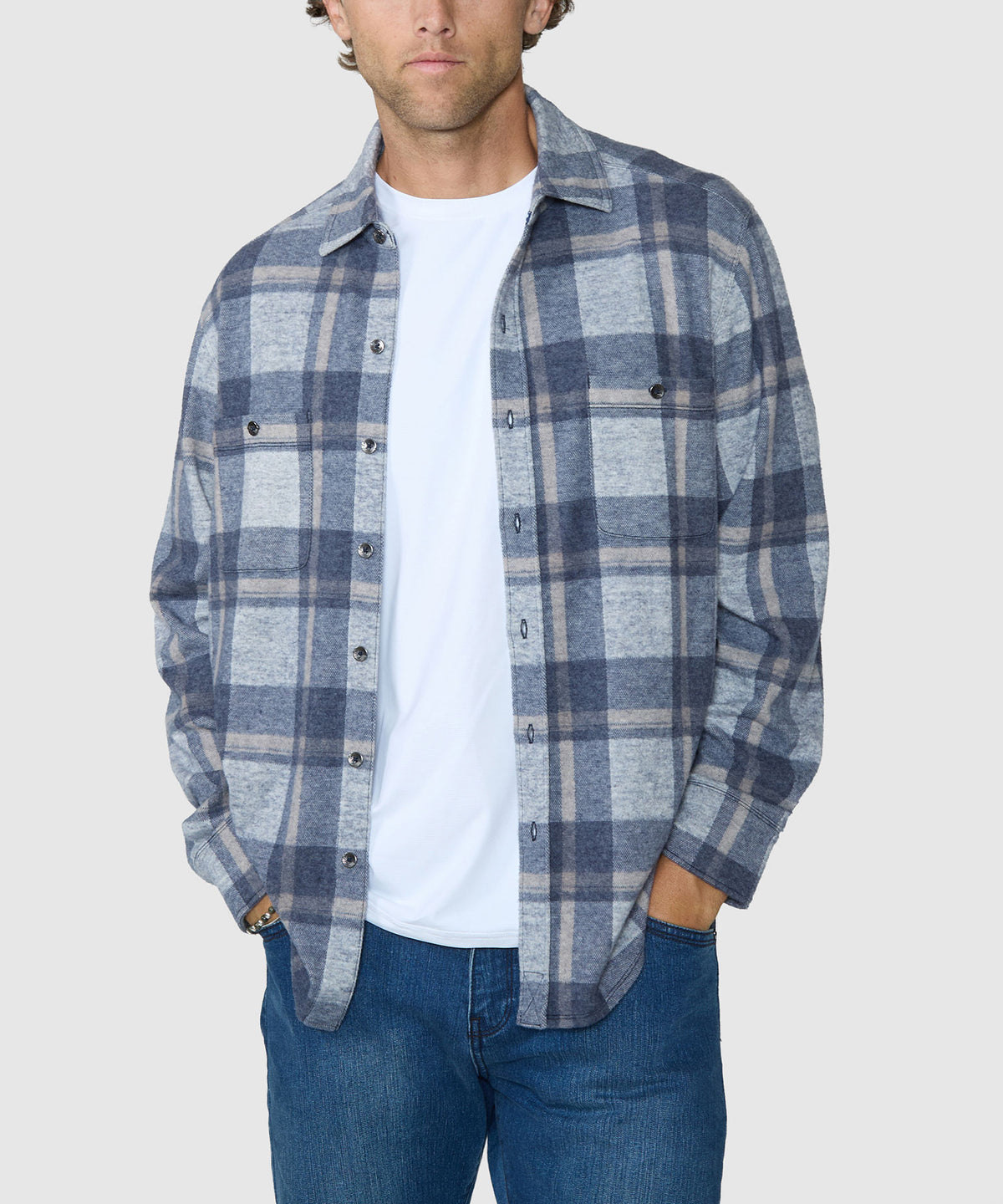 Mens long-sleeve button-up plaid shirt with chest pockets, blue and gray check, Tommy Bahama Men's Big & Tall