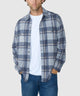 Mens long-sleeve button-up plaid shirt with chest pockets, blue and gray check