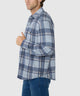 Mens long-sleeve plaid button-up shirt with chest pockets, blue-gray check pattern