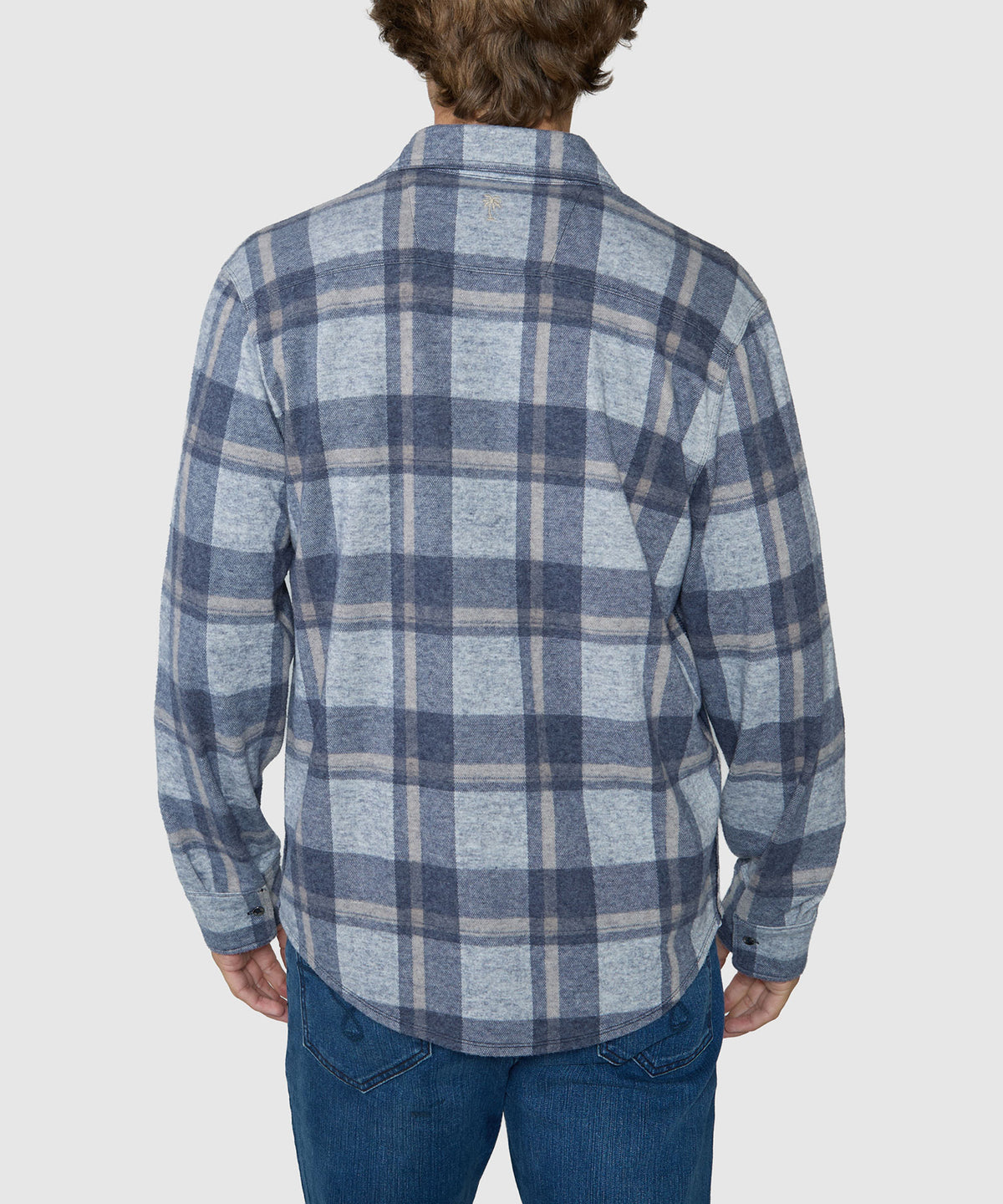 Long-sleeve plaid button-up shirt, blue-gray check with full back view, Tommy Bahama Men's Big & Tall