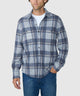 Mens long-sleeve button-up plaid sport shirt with chest pockets, blue and gray check