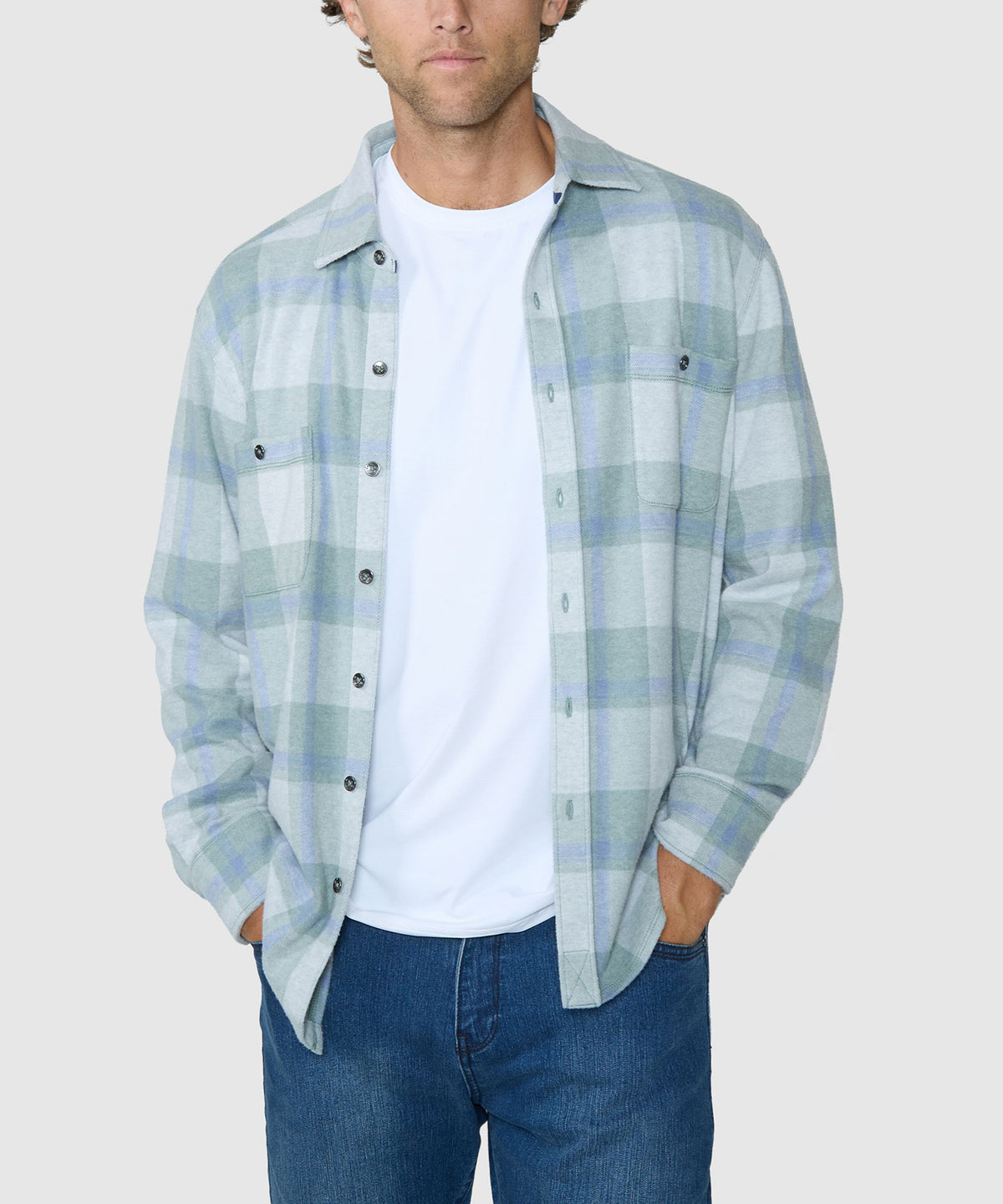 Mens long-sleeve button-up plaid sport shirt with chest pockets, light green and blue, Tommy Bahama Men's Big & Tall