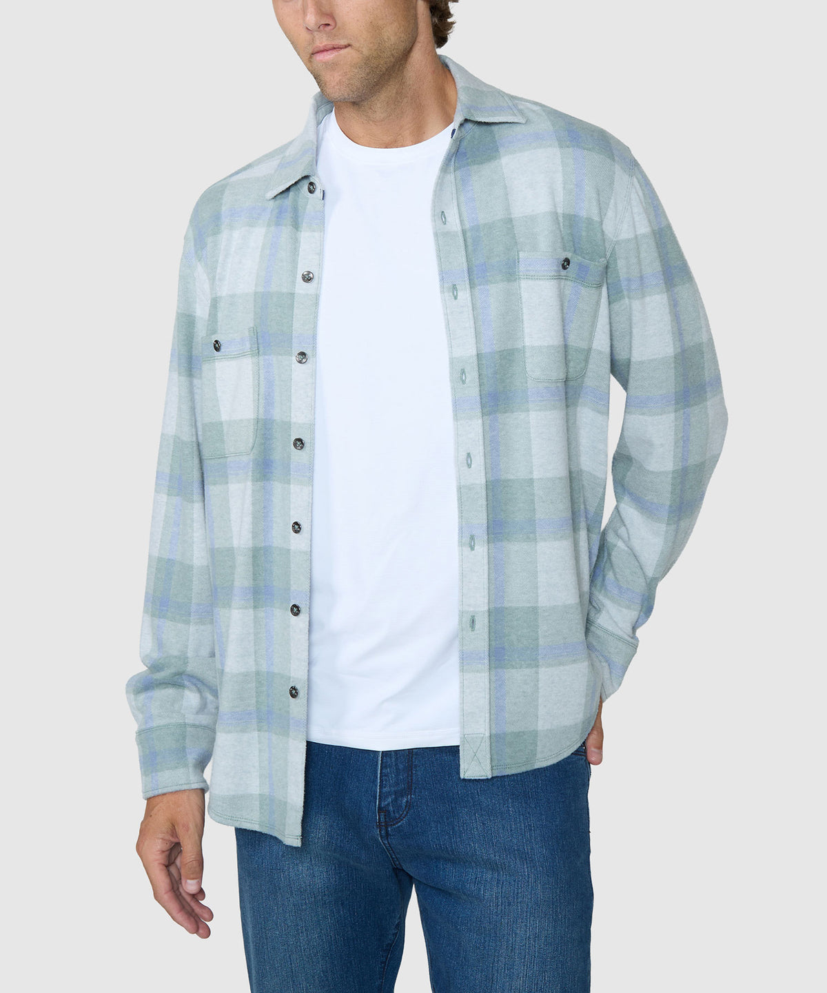 Mens long-sleeve plaid button-up shirt with chest pockets, light green-blue check, Tommy Bahama Men's Big & Tall