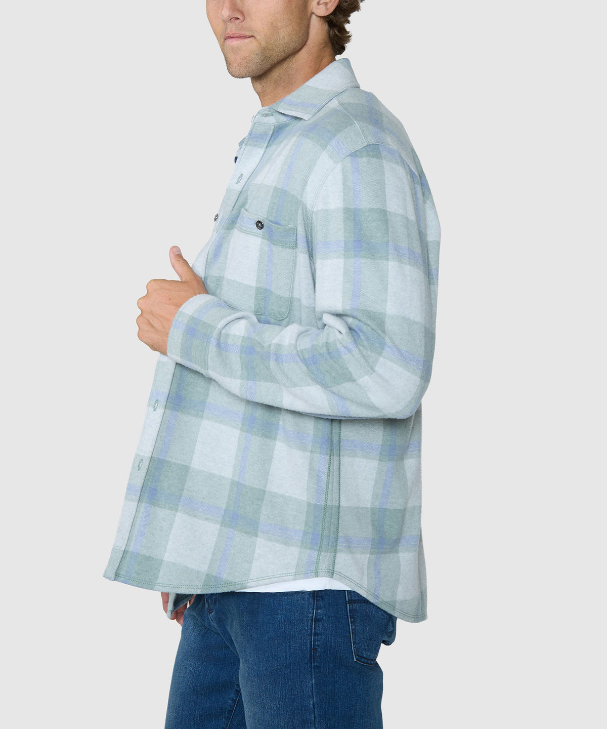 Mens long-sleeve plaid button-up shirt with chest pockets, light green-blue check, Tommy Bahama Men's Big & Tall