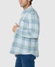Mens long-sleeve plaid button-up shirt with chest pockets, light green-blue check