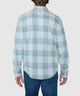 Long-sleeve plaid button-up shirt, light green and blue check with back view