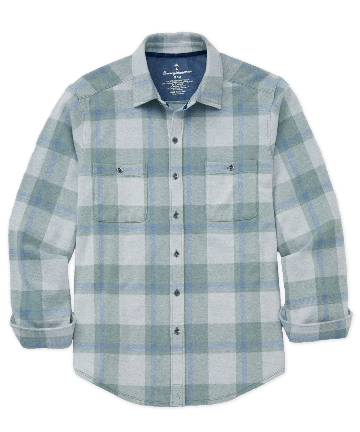 Long sleeve plaid sport shirt, light mint and blue with white - Stormy Willow, Tommy Bahama Men's Big & Tall