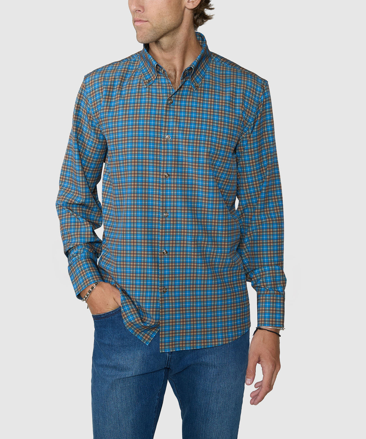 Westport No-Tuck Long Sleeve Button-Down Collar Stretch Performance Plaid Sport Shirt - Walnut, Men's Big & Tall