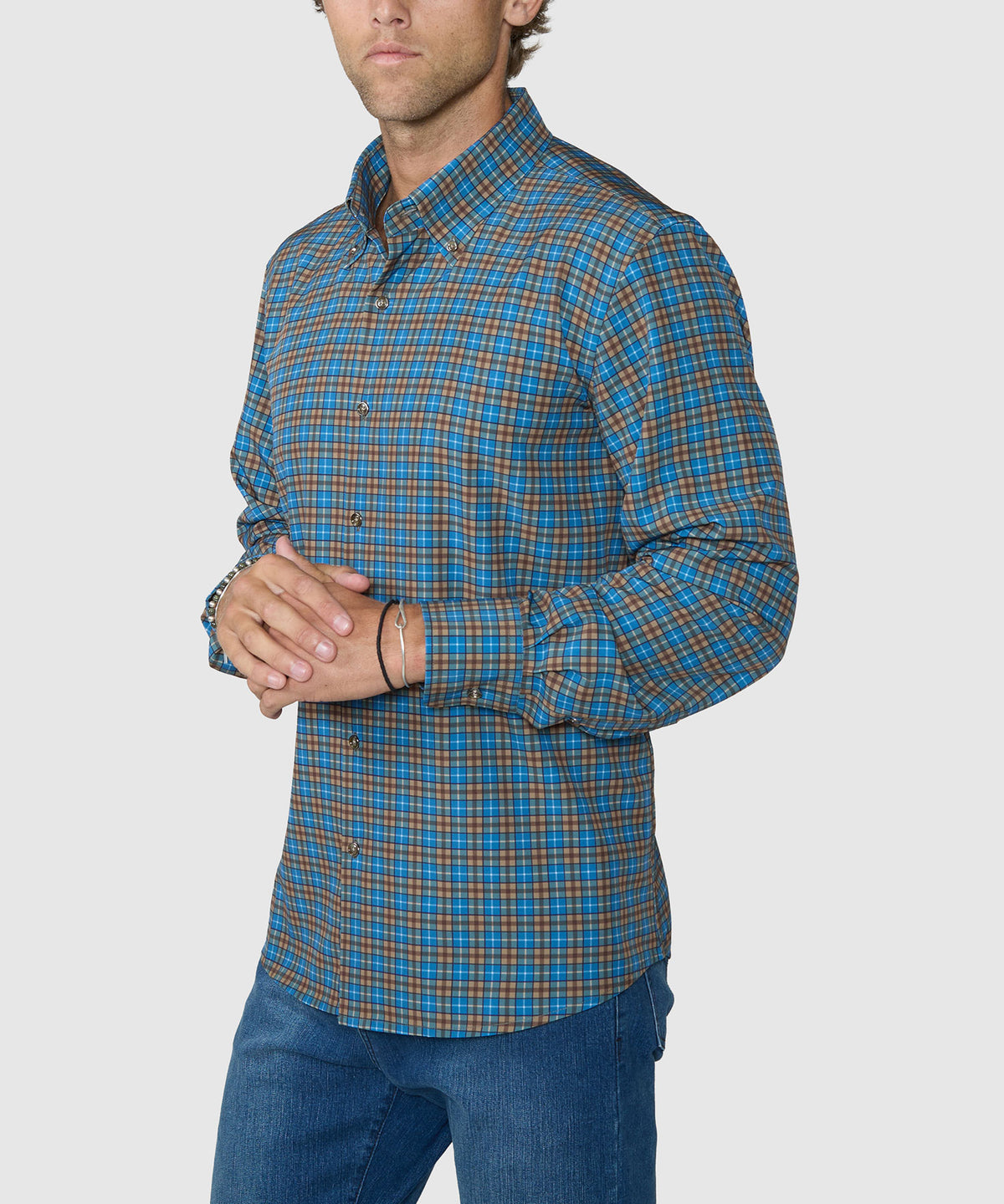 Westport No-Tuck Long Sleeve Button-Down Collar Stretch Performance Plaid Sport Shirt - Walnut, Men's Big & Tall