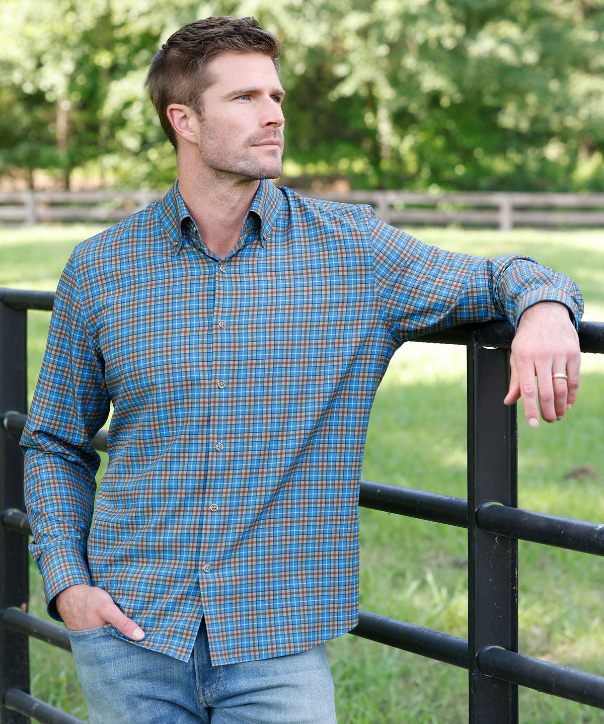 Westport No-Tuck Long Sleeve Button-Down Collar Stretch Performance Plaid Sport Shirt, Men's Big & Tall