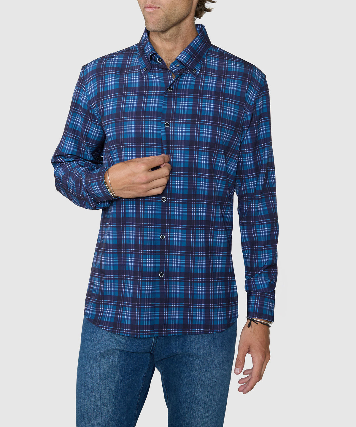 Westport No-Tuck Long Sleeve Button-Down Collar Stretch Performance Plaid Sport Shirt - Navy, Men's Big & Tall