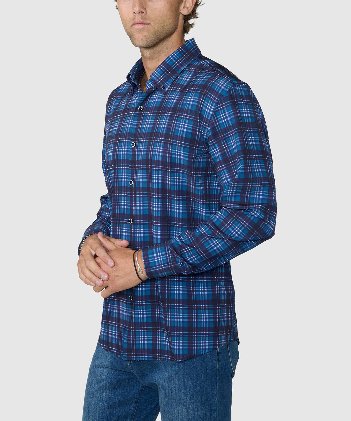 Westport No-Tuck Long Sleeve Button-Down Collar Stretch Performance Plaid Sport Shirt - Navy, Men's Big & Tall