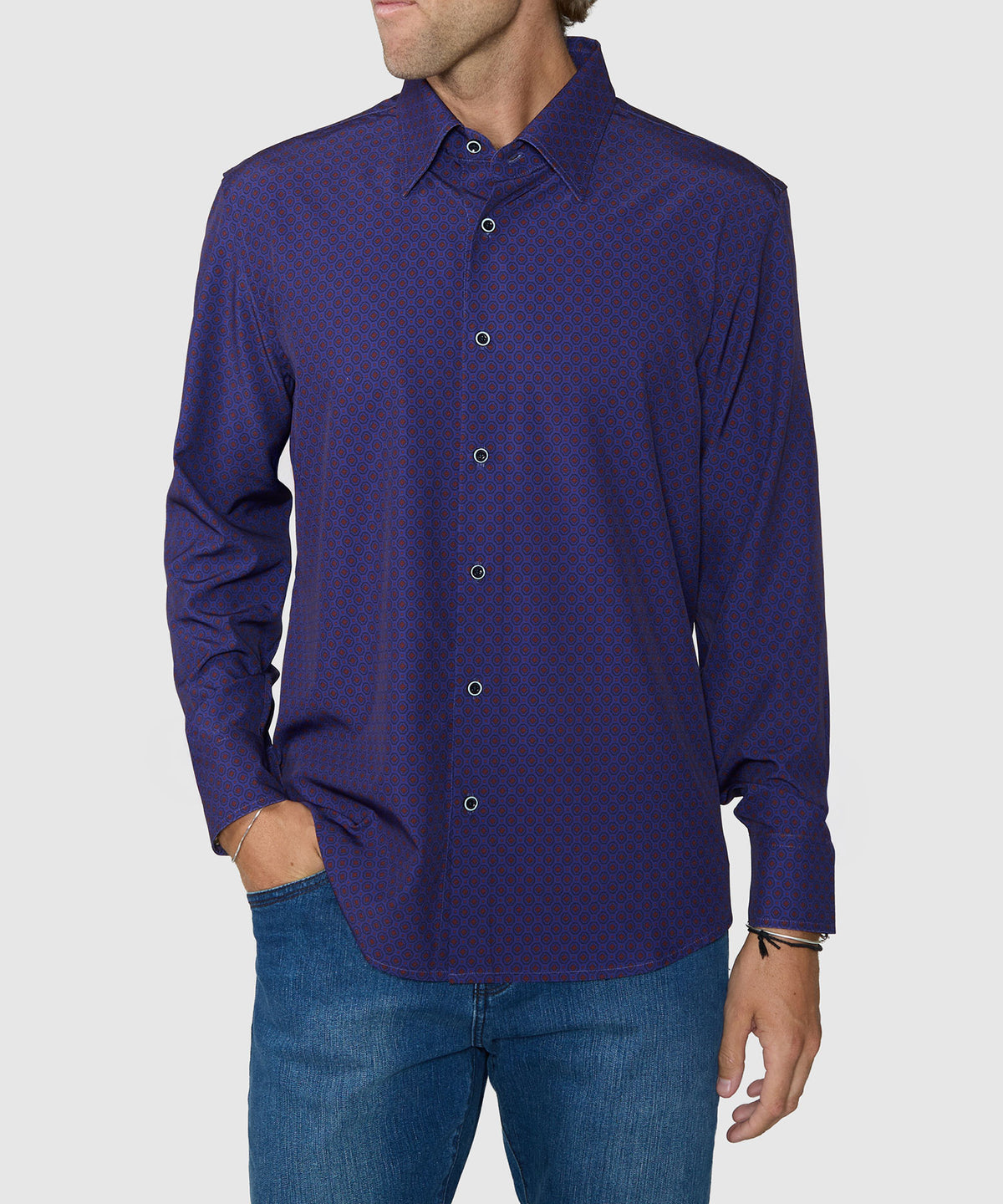 Westport No-Tuck Long Sleeve Button-Under Spread Collar Stretch Performance Medallion Print Sport Shirt, Men's Big & Tall