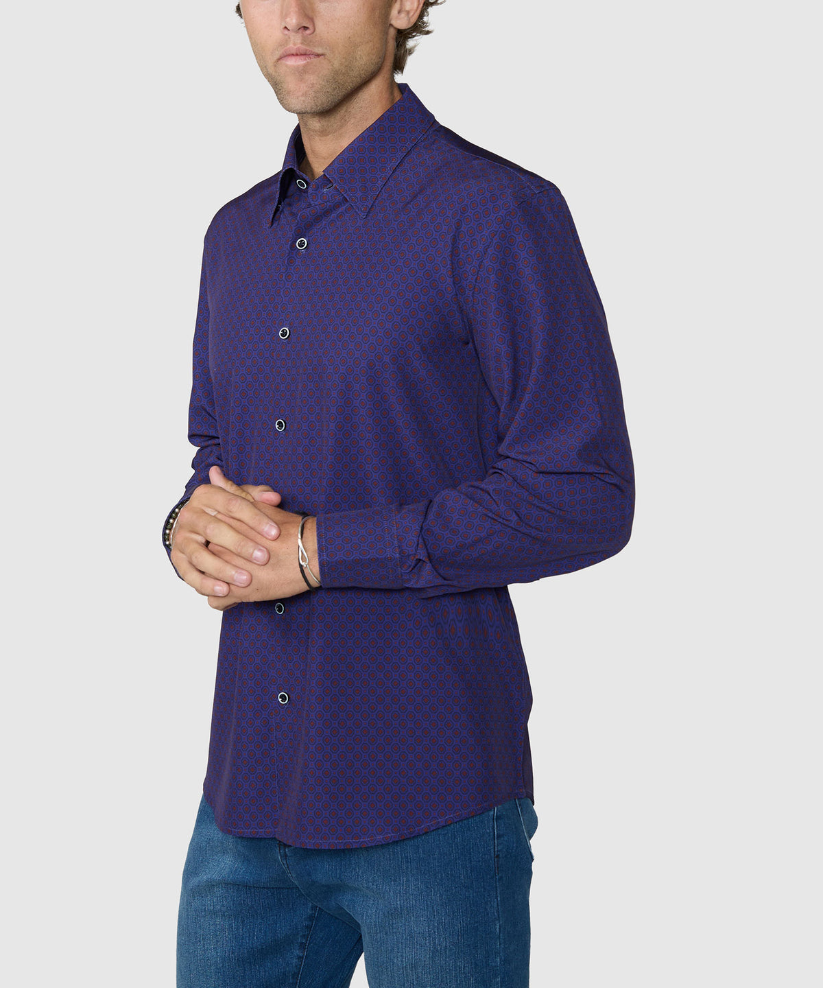 Westport No-Tuck Long Sleeve Button-Under Spread Collar Stretch Performance Medallion Print Sport Shirt, Men's Big & Tall