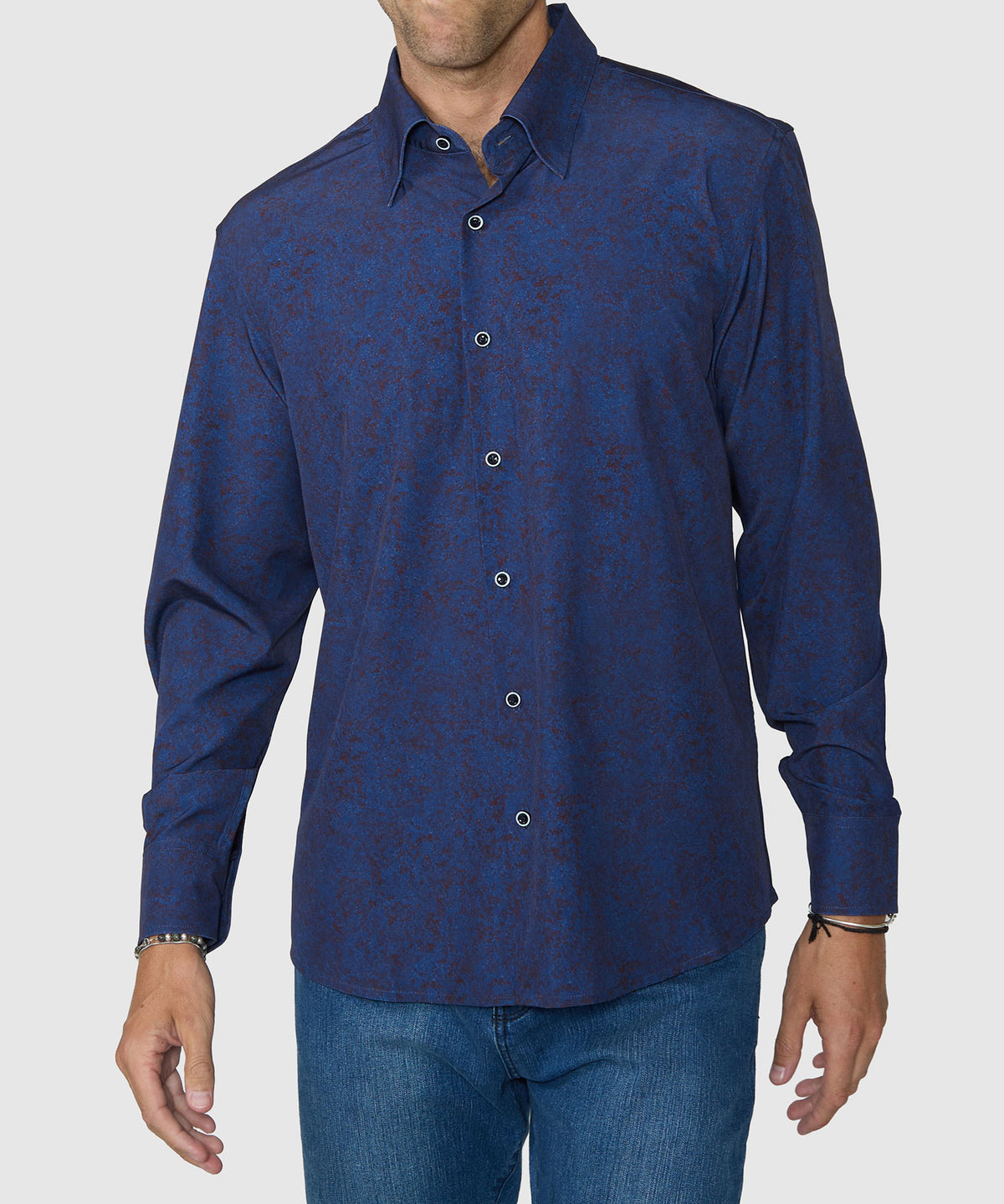 Westport No-Tuck Long Sleeve Button-Under Spread Collar Stretch Performance Medallion Print Sport Shirt - Navy, Men's Big & Tall