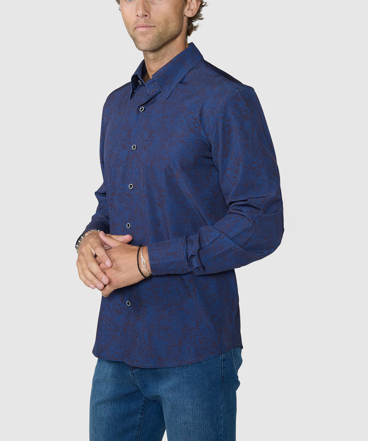 Westport No-Tuck Long Sleeve Button-Under Spread Collar Stretch Performance Medallion Print Sport Shirt - Navy, Men's Big & Tall