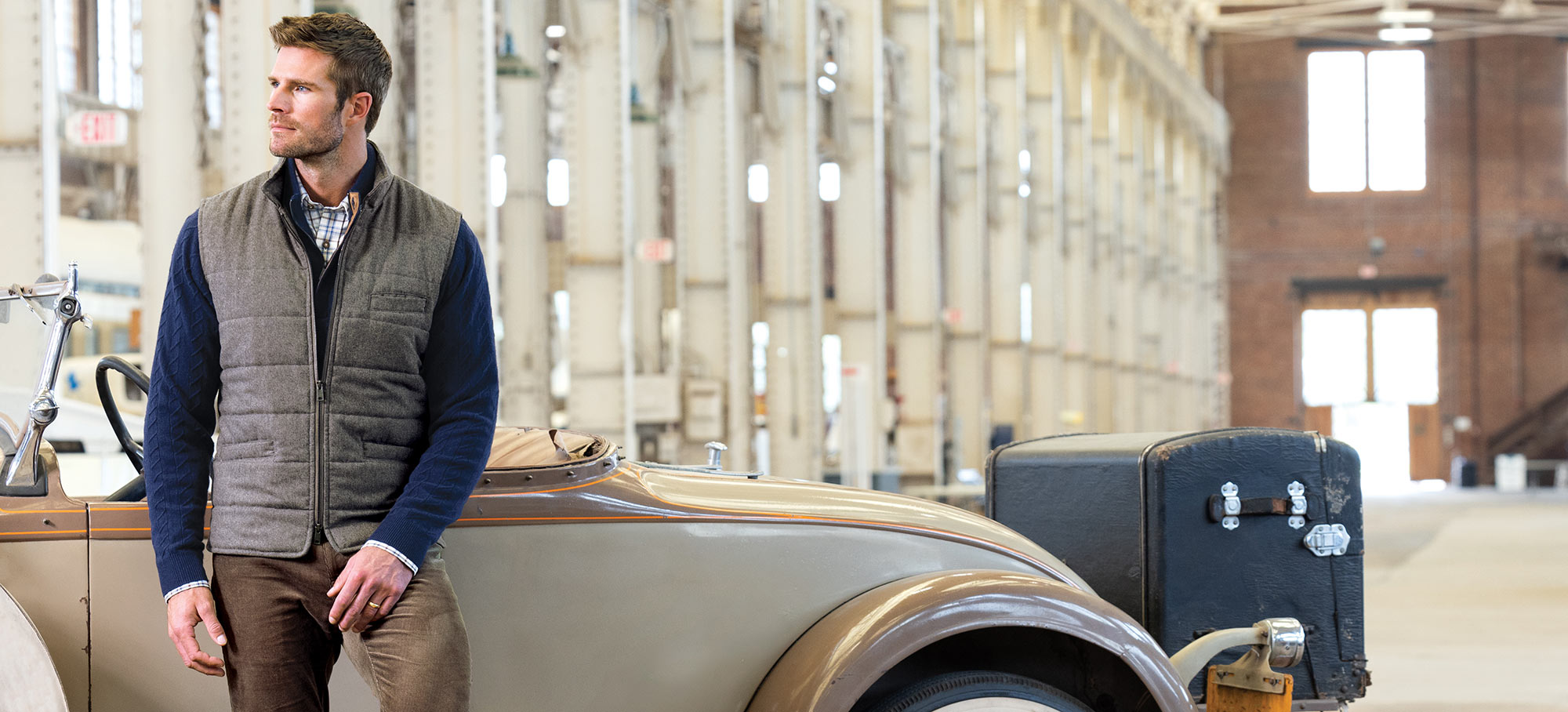 Male model wearing Westport Black Wool Blend Herringbone Commuter Vest