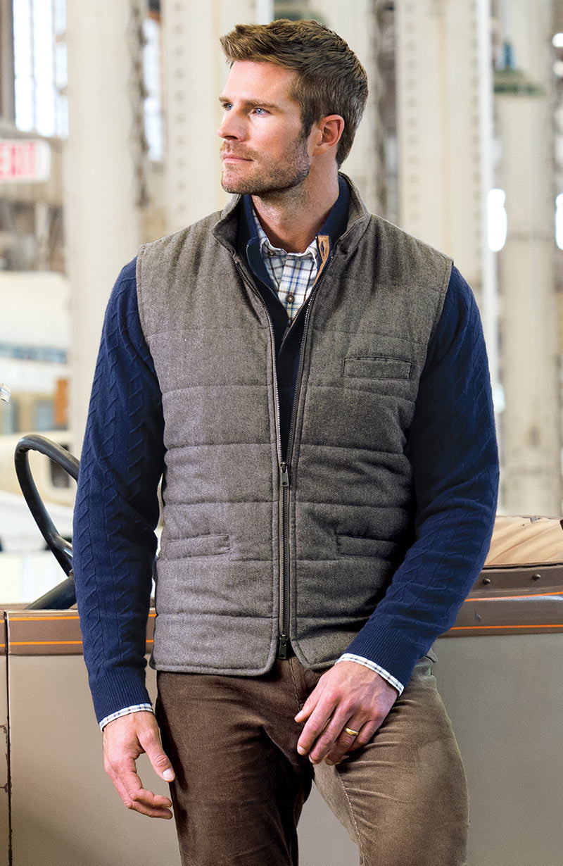 Male model wearing Westport Black Wool Blend Herringbone Commuter Vest