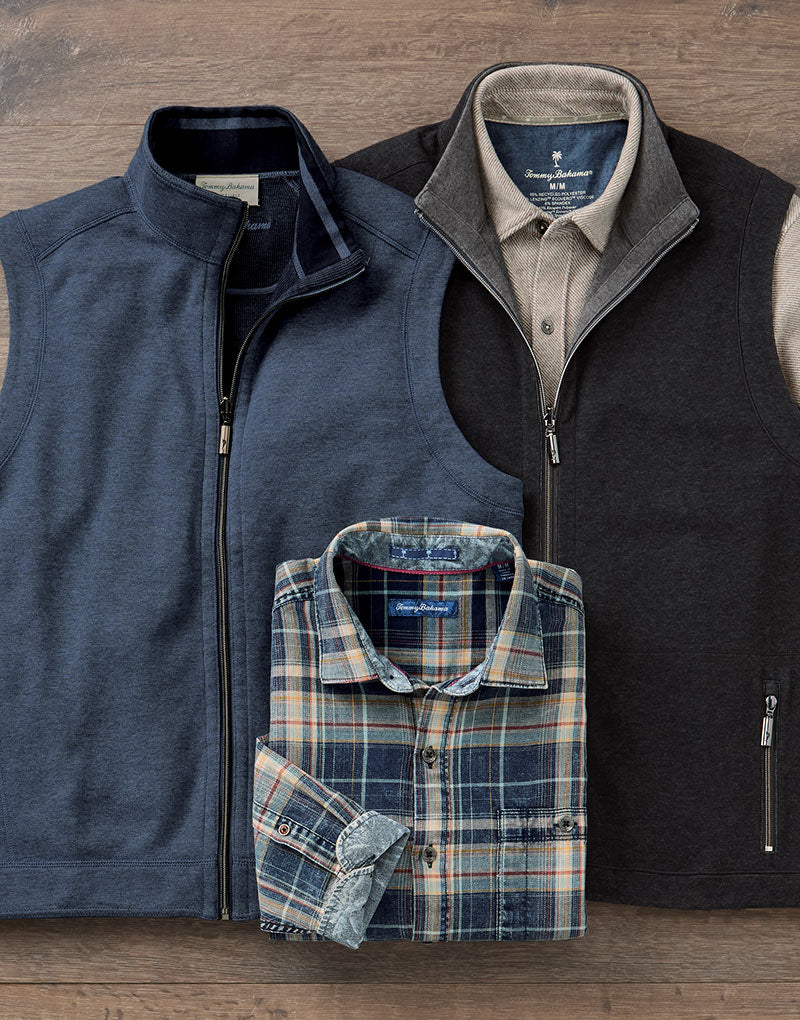 Tommy Bahama Flipview Vest and Long Sleeve Baranco Plaid Sport Shirt